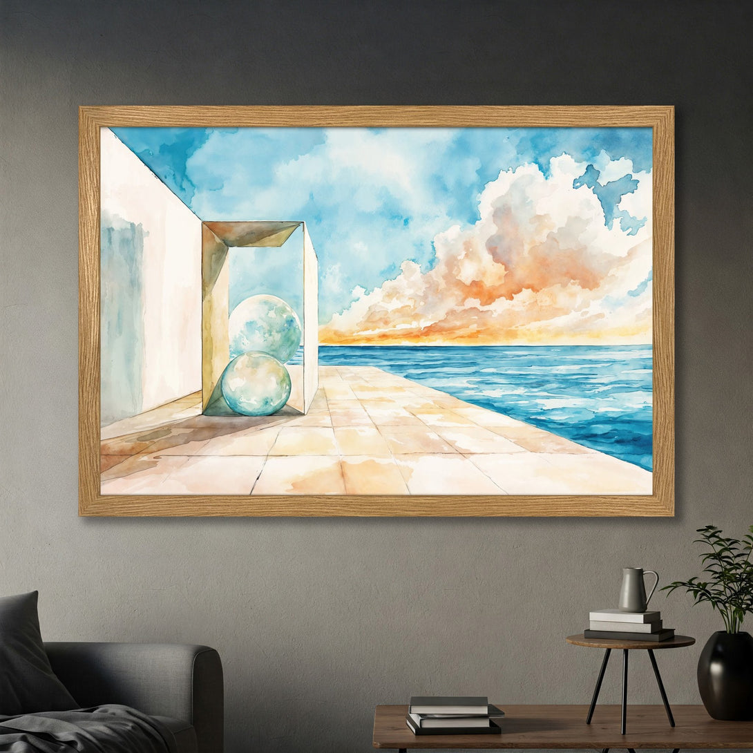 Framed Poster featuring a watercolor seascape with blue, orange, and neutral tones. Perfect wall art for a calming atmosphere.