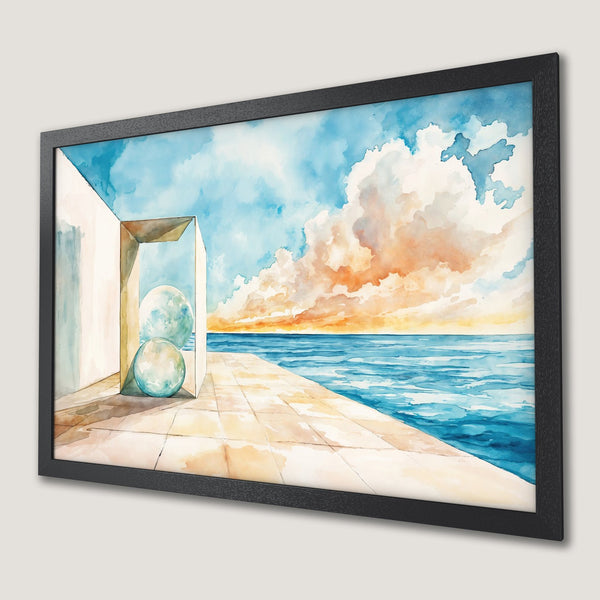 Framed Poster featuring a watercolor seascape with blue, orange, and beige hues. Perfect wall art for a tranquil vibe.