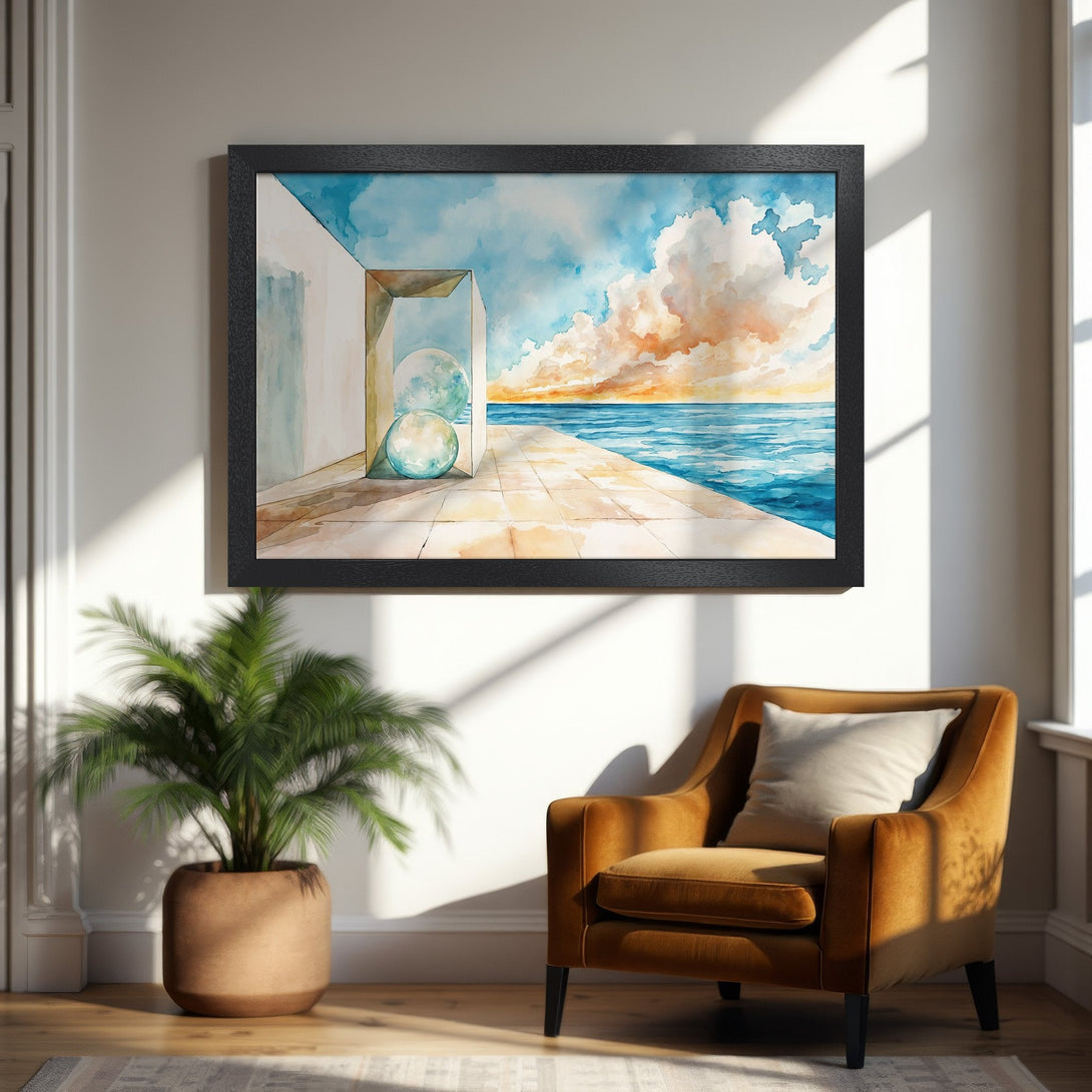 Framed Poster of a watercolor seascape with a blue and orange sky. Modern art style, perfect for home decor.