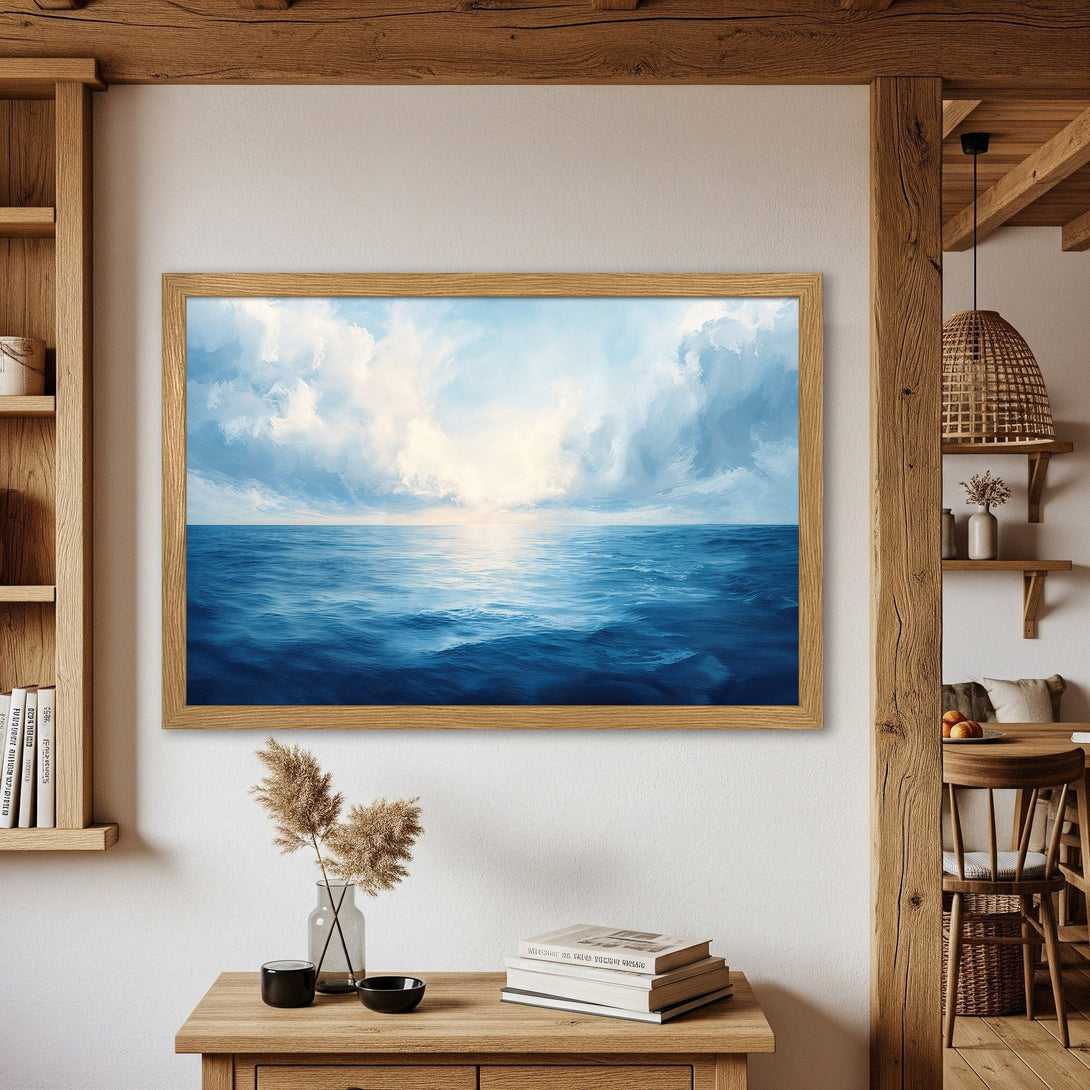 Framed Poster of ocean scene, impressionist style, blue and white color palette, perfect for coastal decor.
