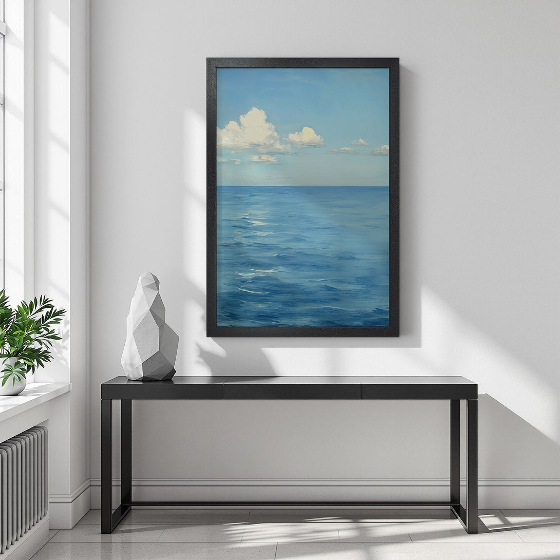 Framed Poster of serene seascape art with blue and white color palette. Perfect for coastal decor.