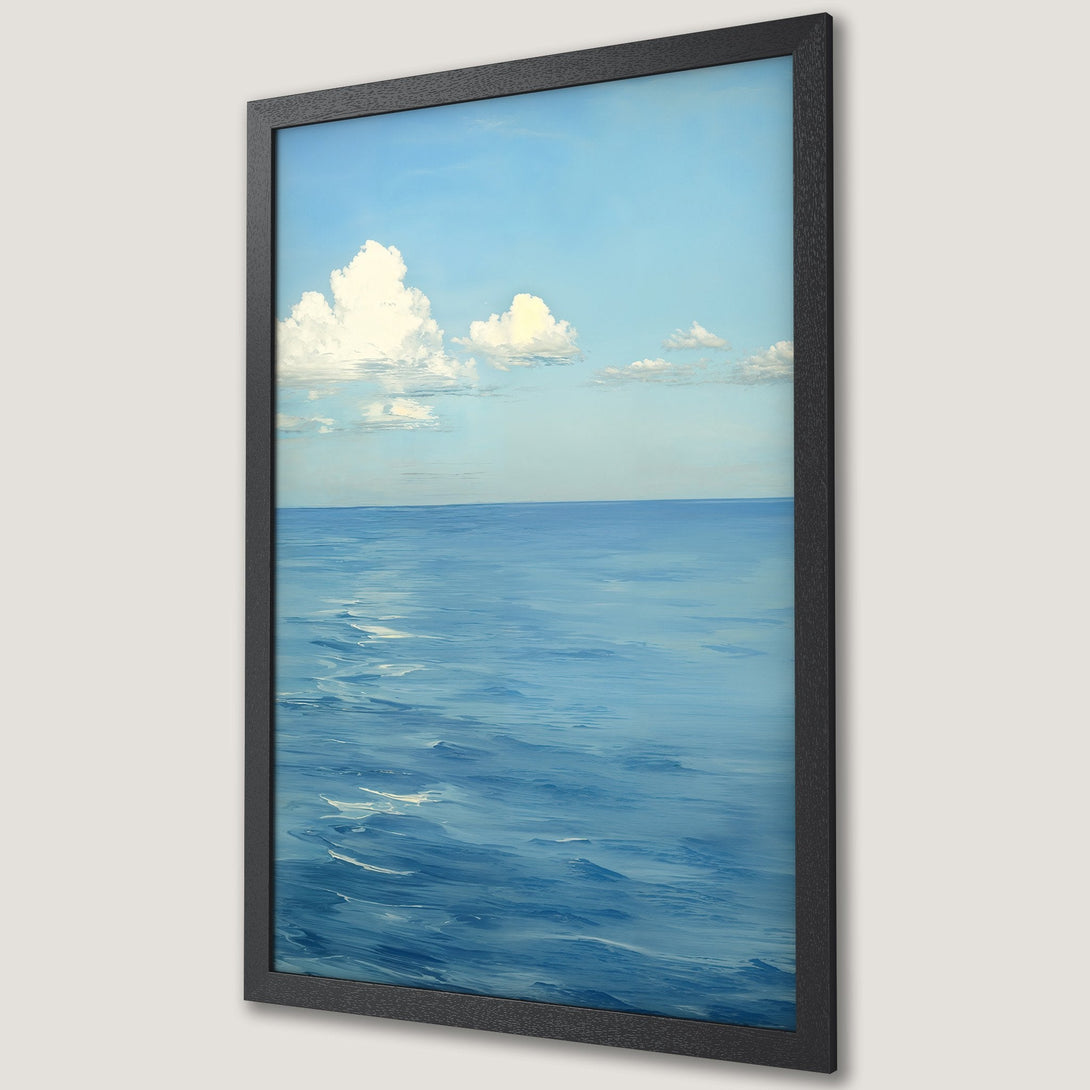 Framed Poster of ocean and sky landscape painting in blue and white hues. Add a touch of serenity to your space!