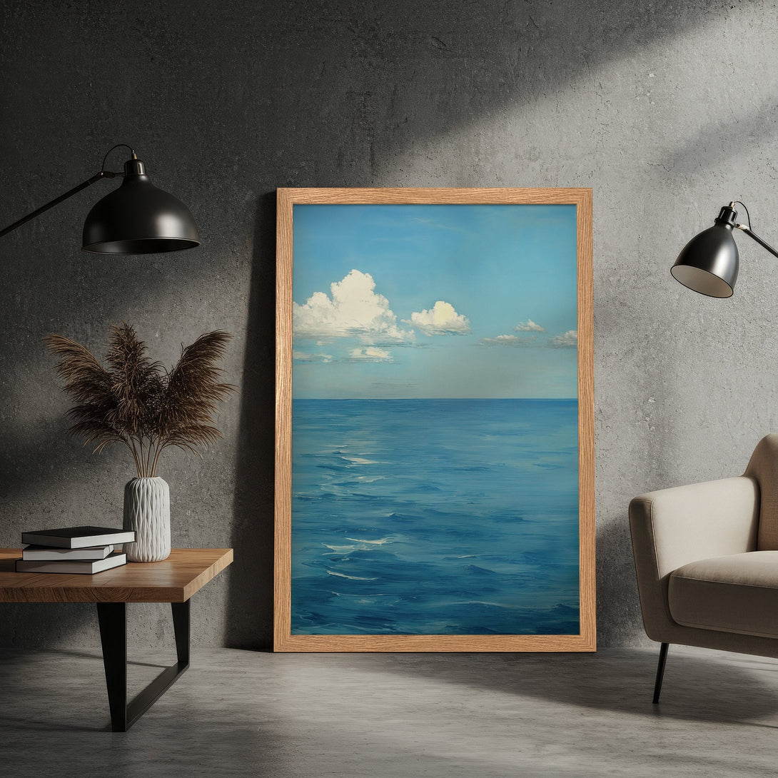 Framed Poster of ocean landscape art in blue and white, perfect for coastal decor.