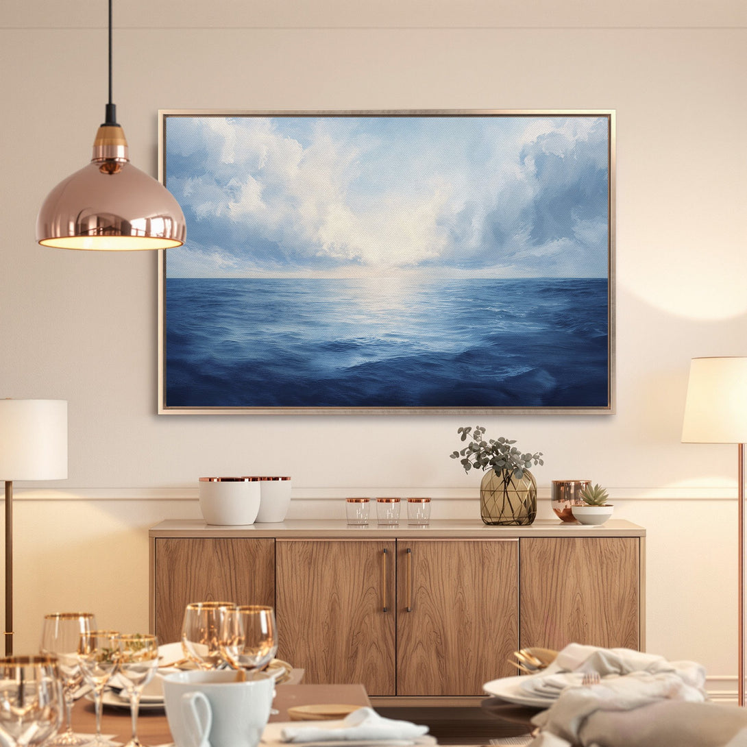 Framed Wall Art: Ocean waves Canvas Print in blue and white. Modern coastal art for your home. Enhance your decor with this serene seascape.