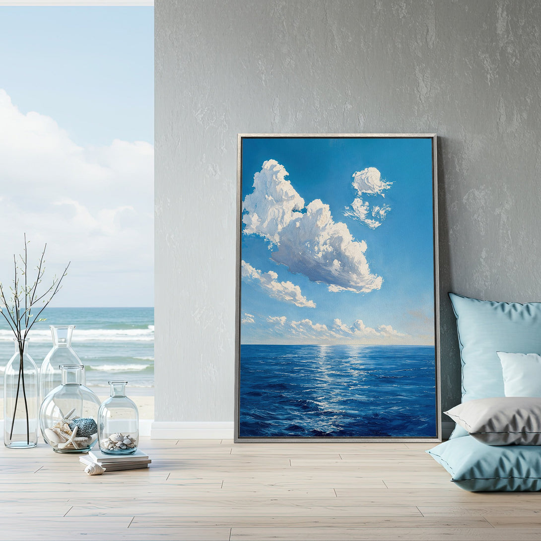 Framed Wall Art: Serene ocean and sky landscape Canvas Print in calming blues and whites, perfect for coastal decor. Bring the beach home!