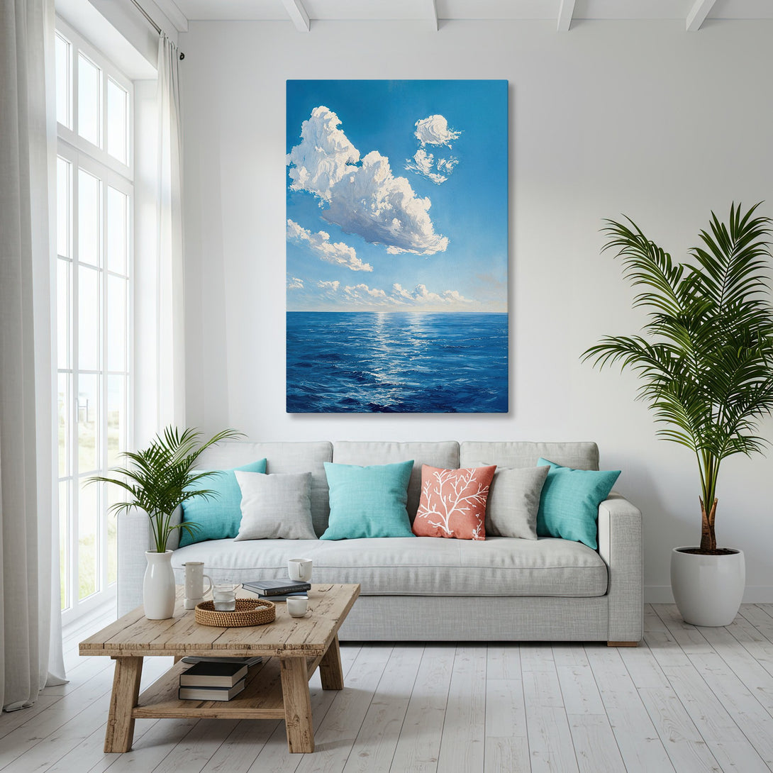 Framed Wall Art: Ocean scene Canvas Print in blue and white, displayed in a bright, coastal-style living room. Perfect for adding a touch of serenity.
