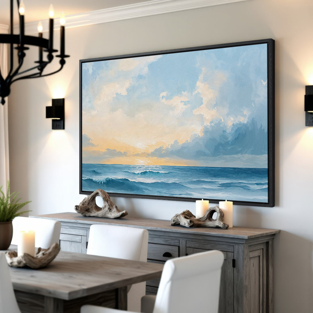 Framed Wall Art: Coastal landscape Canvas Print in blue and yellow hues, adding a serene touch to any interior. Perfect for a calming ambiance.