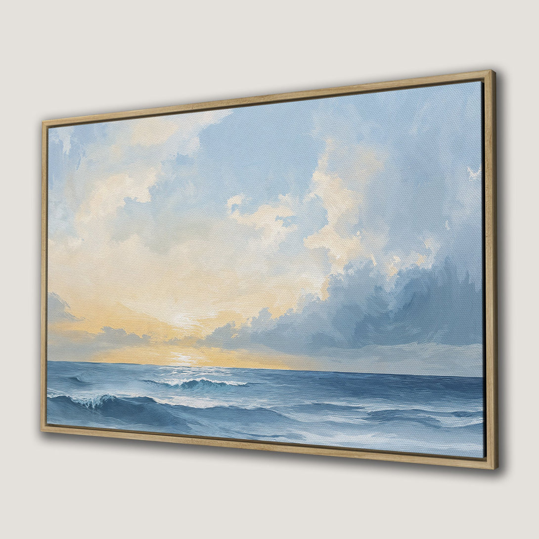 Framed Wall Art: Ocean sunset Canvas Print in blue and yellow. Coastal art for a serene home. Landscape painting with calming vibes.