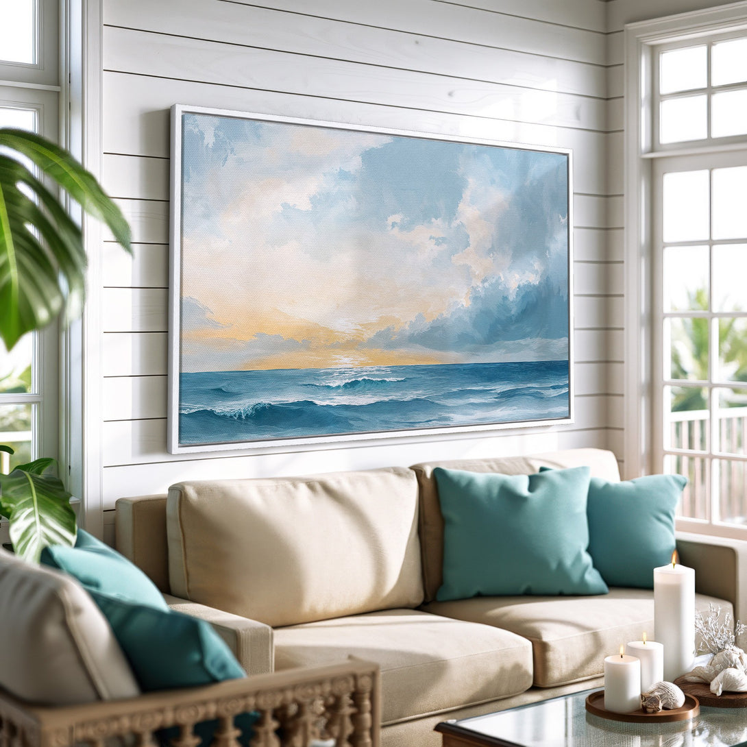 Framed Wall Art: Coastal seascape canvas print in blues and yellows, perfect for adding a touch of serenity to your living room.