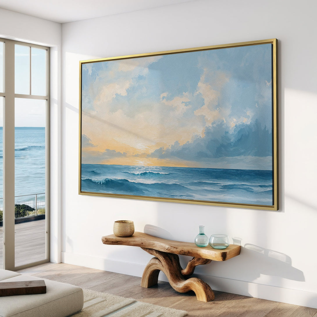 Canvas Print of a serene seascape in blue and yellow hues, displayed in a modern, minimalist interior. Enhance your space with calming ocean art.