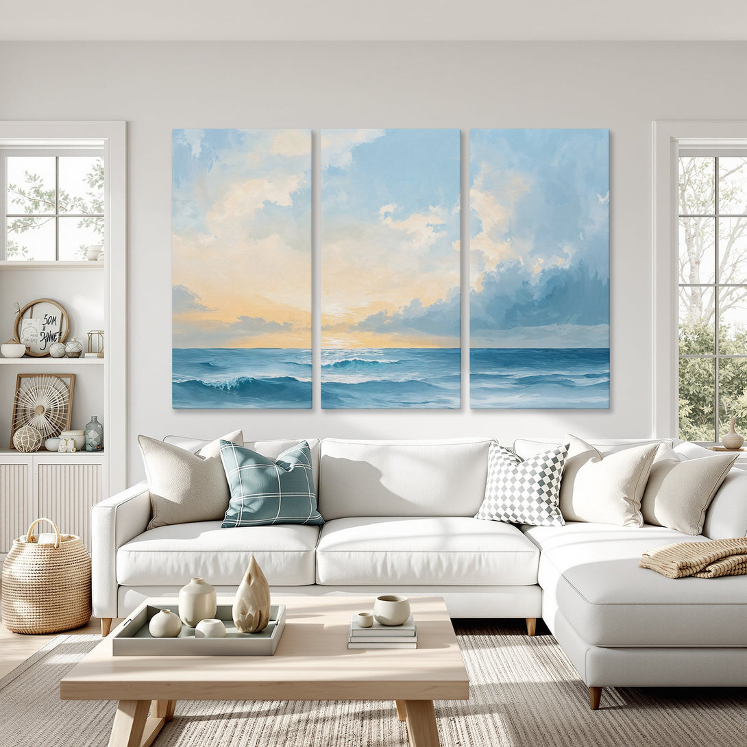 Canvas Print of ocean landscape art in blue and yellow hues, adding a calming touch to any living room. Coastal decor inspiration.