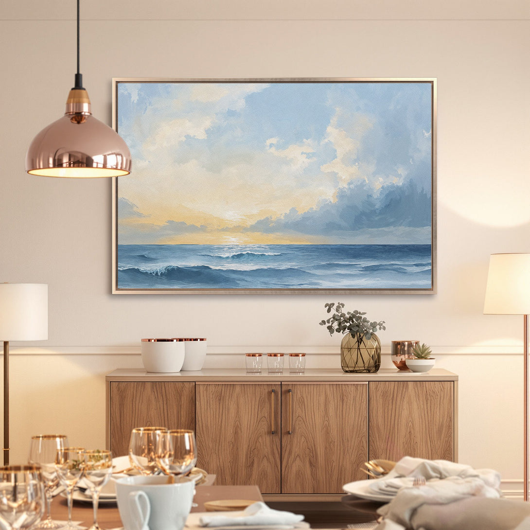 Framed Wall Art: Serene ocean painting in blue and yellow hues. Coastal art print adds a calming touch to any space. Shop now!