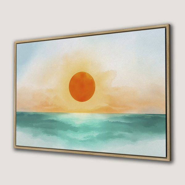 Canvas Print of a sunset over the ocean in watercolor style. Features warm orange and teal tones, framed in natural wood. Perfect wall art!