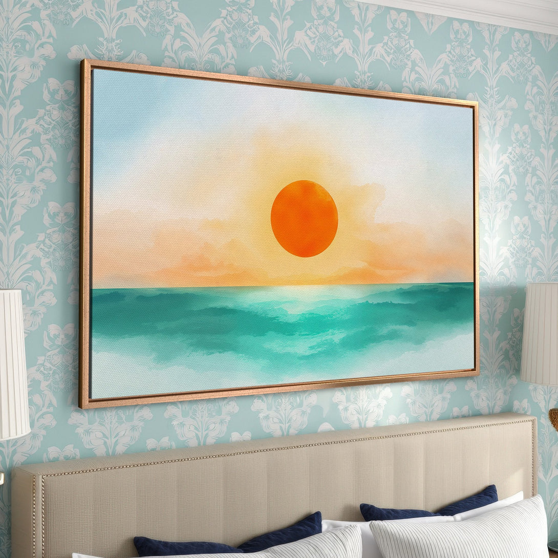 Framed Wall Art: Sunset over the ocean, abstract painting in warm orange, teal, and blue hues. Perfect for bedroom decor.