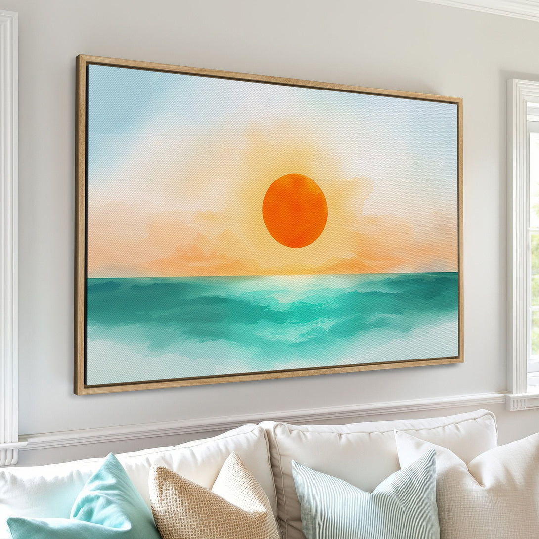 Framed Wall Art: Sunset over ocean canvas print in warm orange, teal, and blue hues. Modern art for living room decor.