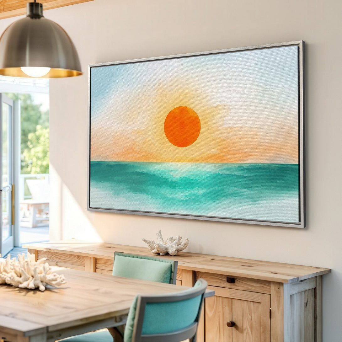 Framed Wall Art: Abstract sunset canvas print with orange, teal, and yellow hues. Coastal-inspired artwork perfect for adding warmth to any space.