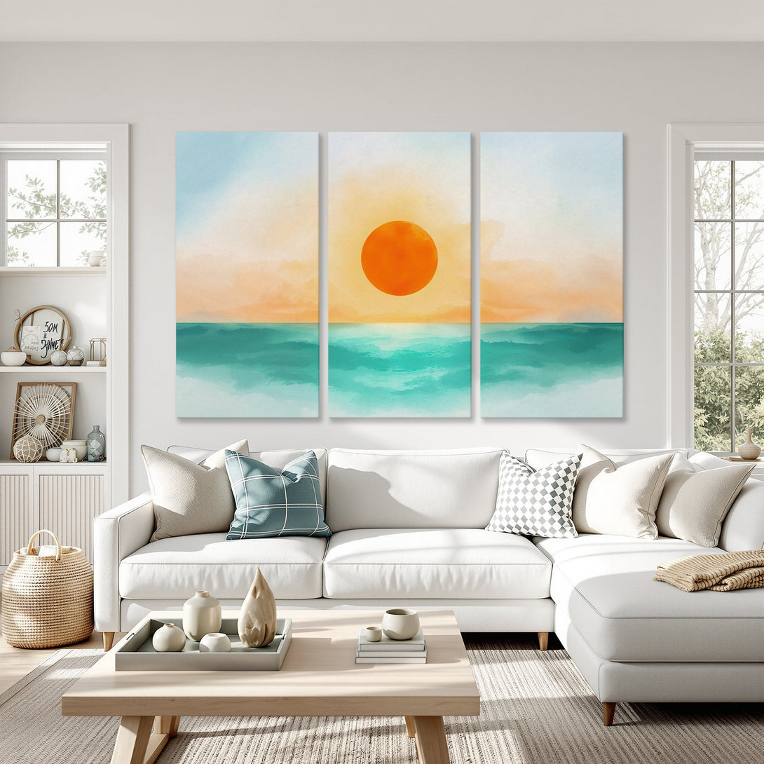 Canvas Print of a sunset over the ocean. Abstract watercolor style art in orange, teal, and blue hues. Perfect for modern home decor.
