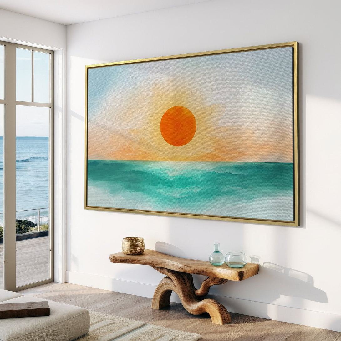 Canvas Print of a sunset over the ocean, featuring an abstract style and a calming color palette of orange, teal, and blue. Perfect for coastal decor!