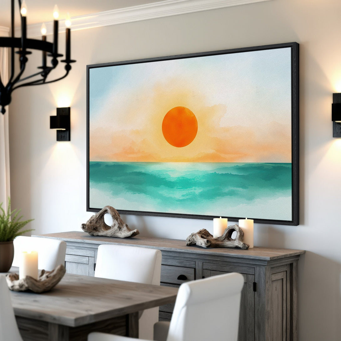 Framed Wall Art: Sunset over ocean in watercolor style. Coastal decor with orange, teal, and neutral color palette. Perfect for living room or dining room.