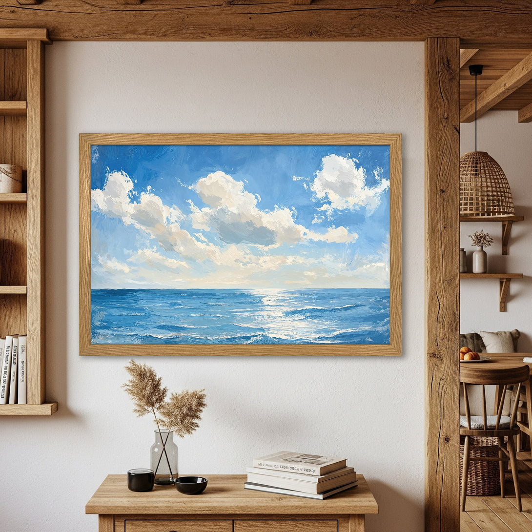 Framed Poster of a seascape painting. Impressionistic style with blue, white, and neutral tones. Perfect wall art for a calming space.