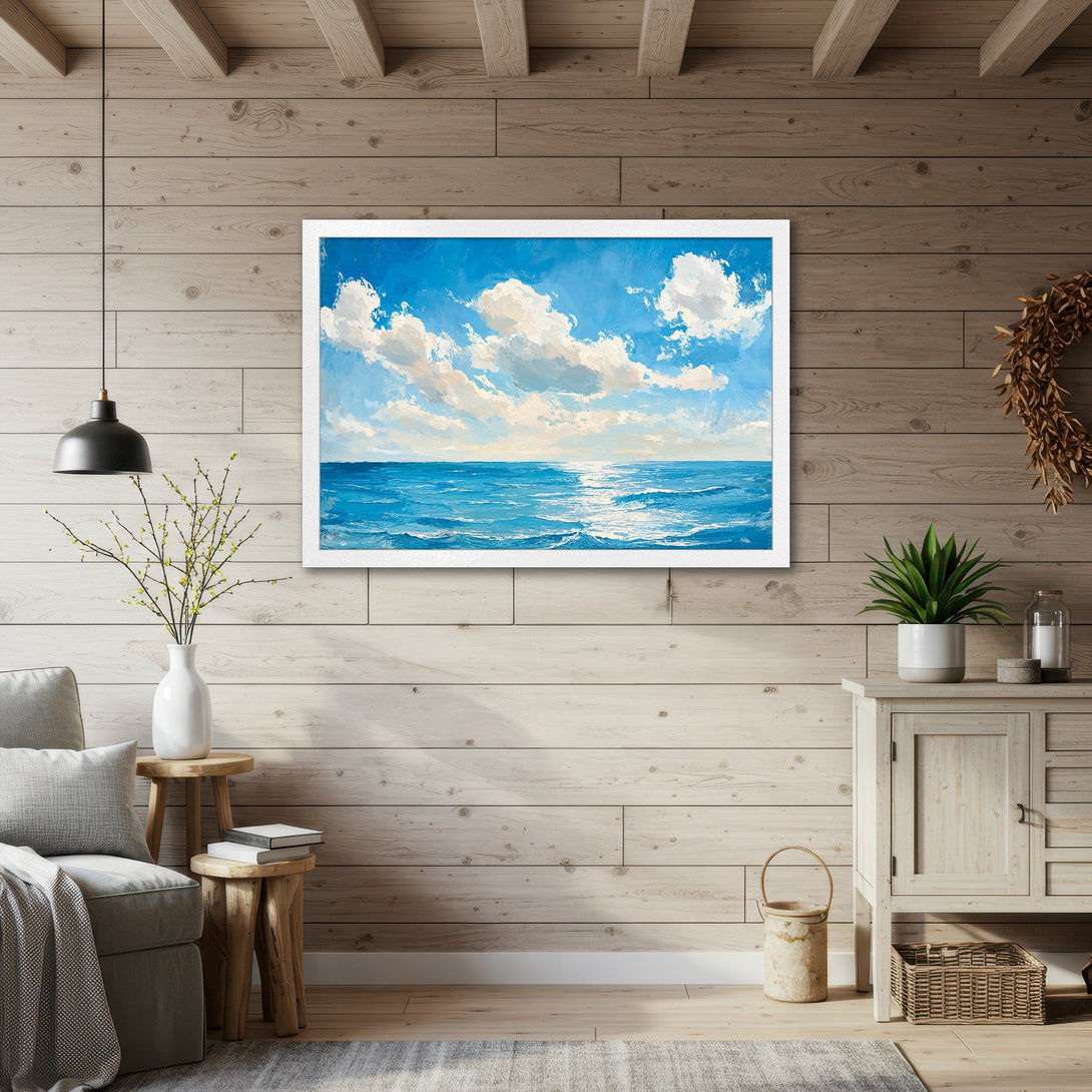 Framed Poster of a seascape painting in blue and white, perfect for coastal decor. Add a touch of serenity to your home with this beautiful art.