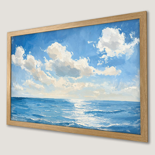 Framed Poster of ocean and sky art in blue and white, perfect for coastal decor.
