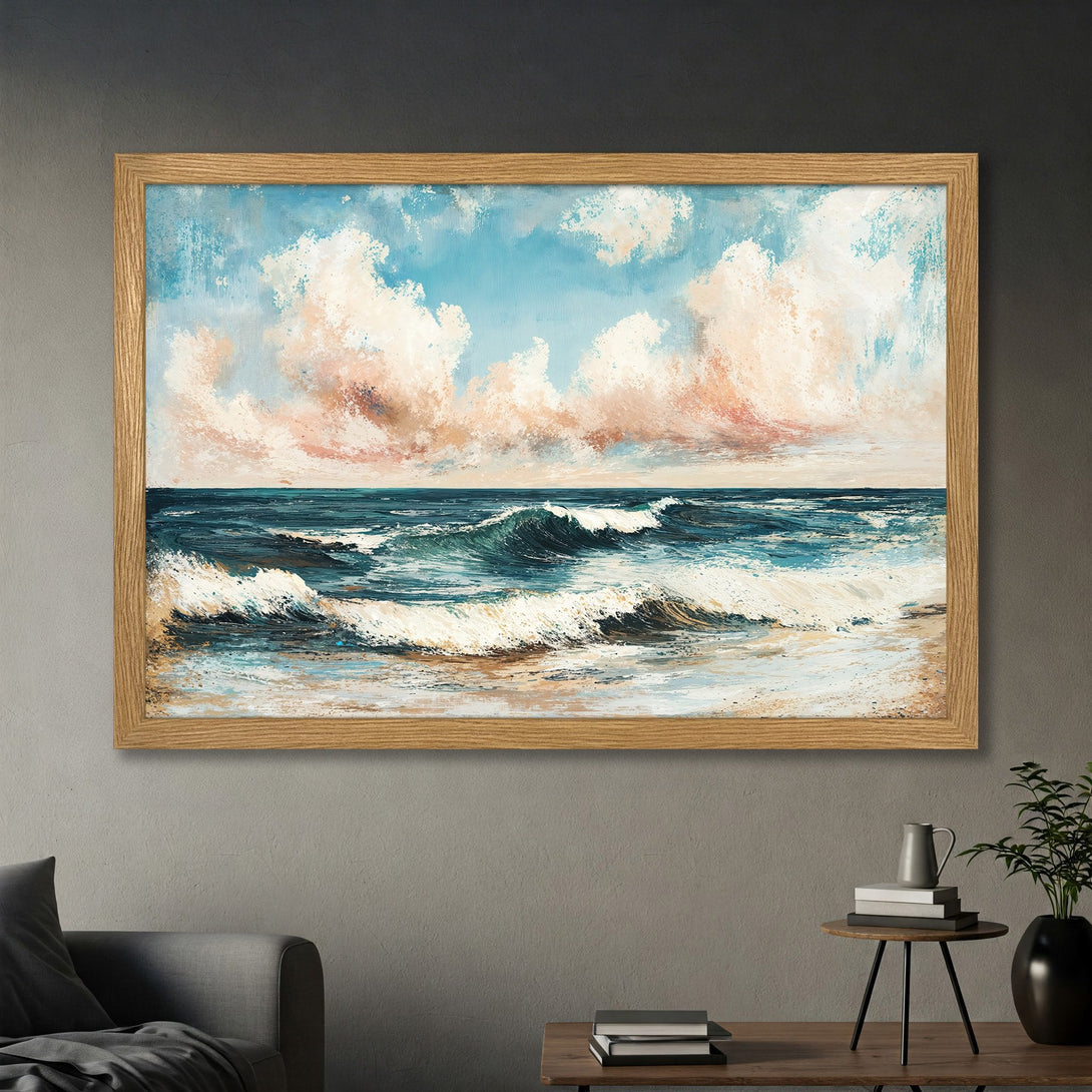 Framed Poster of ocean waves in impressionist style, featuring blue, white, and peach hues. Perfect coastal decor!