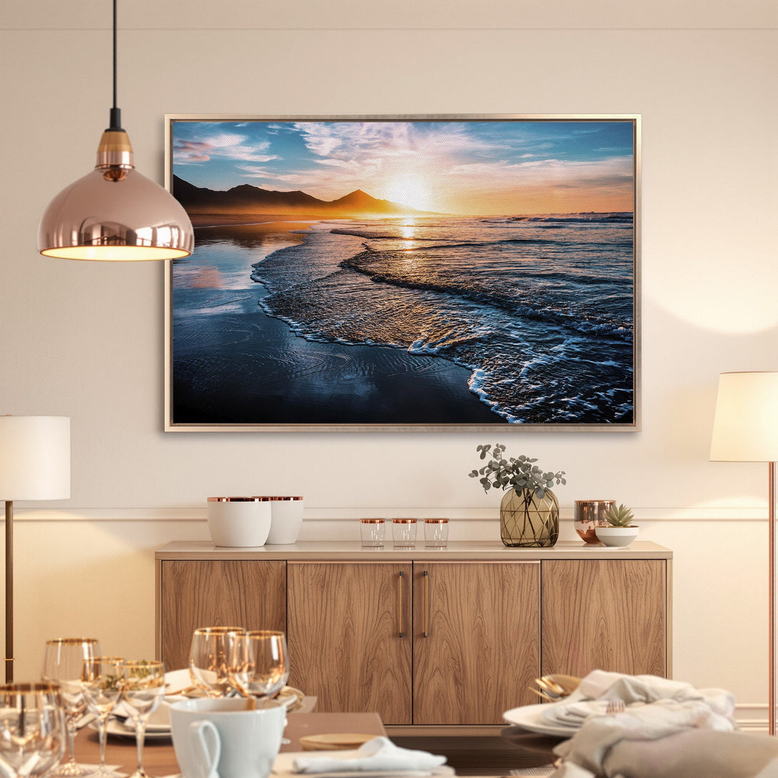 Framed Wall Art: Coastal sunset Canvas Print in blue, orange, and gold tones. Perfect for adding a serene touch to your home decor.