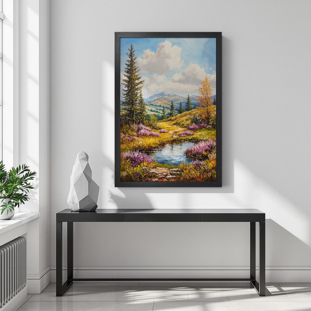 Framed Poster of a serene mountain landscape painting, featuring vibrant colors and a warm palette. Perfect wall art for your home decor.