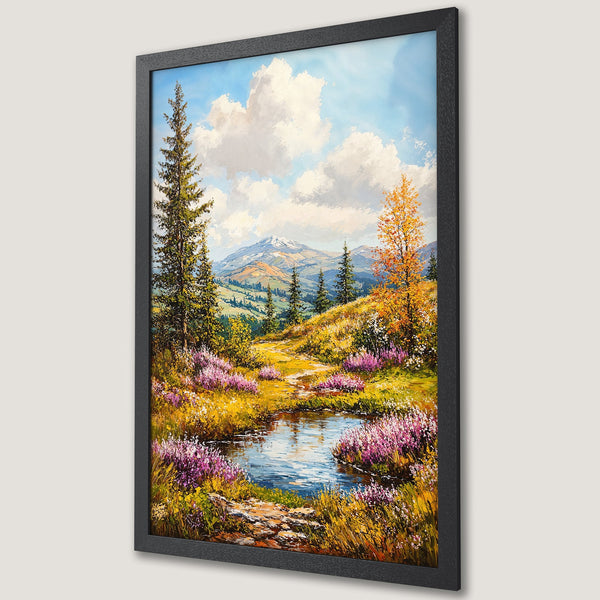 Framed Poster of a mountain landscape painting in an impressionist style with a vibrant color palette of blues, greens, and yellows.