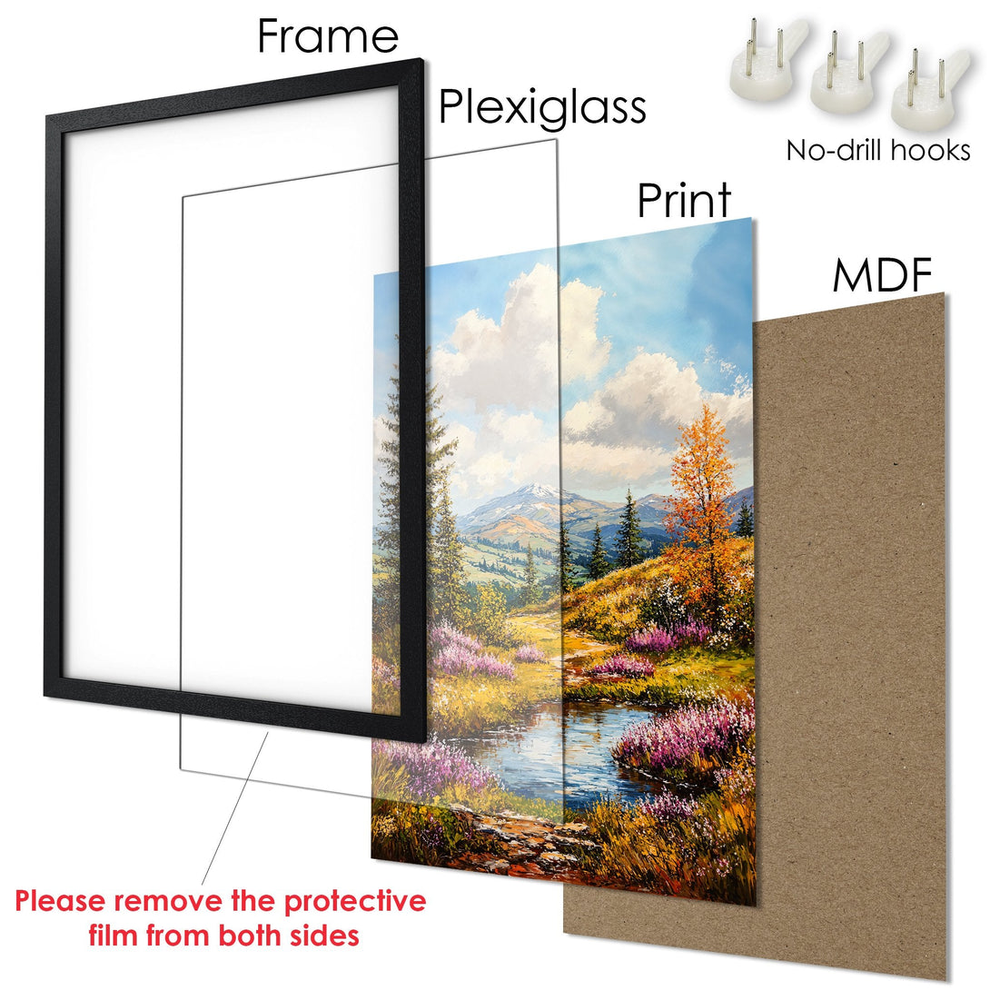 Framed Poster: Scenic landscape art print with vibrant colors. Mountain, river, and autumn trees. Ready to hang wall art.
