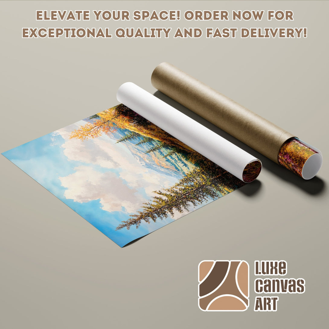 Poster Roll of a landscape painting with a blue sky, trees, and mountains in a warm color palette.
