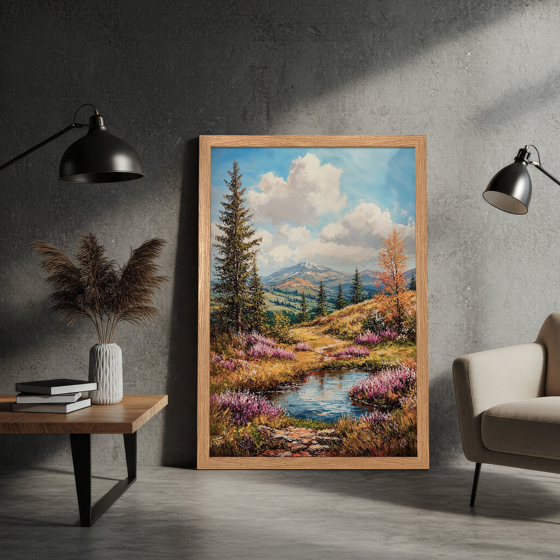 Framed Poster of a serene landscape painting with a vibrant color palette. Perfect wall art for any room.