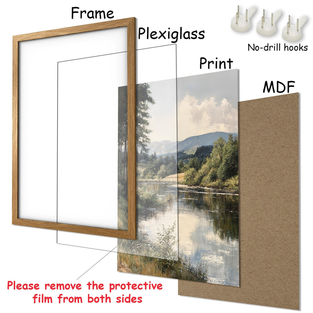 Framed Poster of a serene landscape painting. Features a natural wooden frame, with a soft, earthy color palette. Perfect wall art!