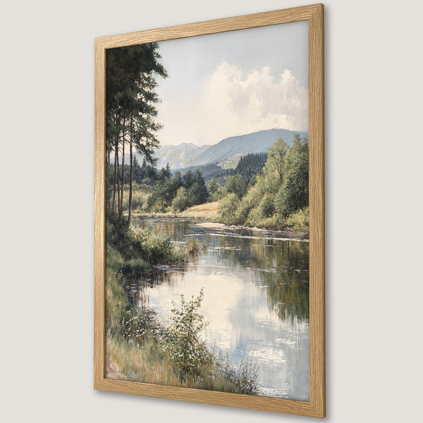 Framed Poster of a serene river landscape in a classic, painterly style with a muted green and blue color palette. Perfect wall art.