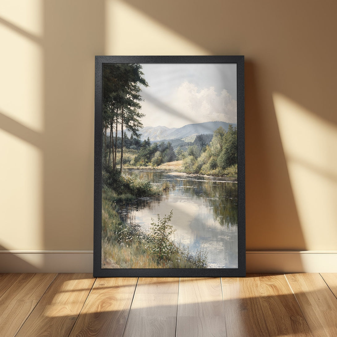 Framed Poster of a serene river landscape in a classic style with a muted green and blue color palette. Perfect wall art for a calming space.