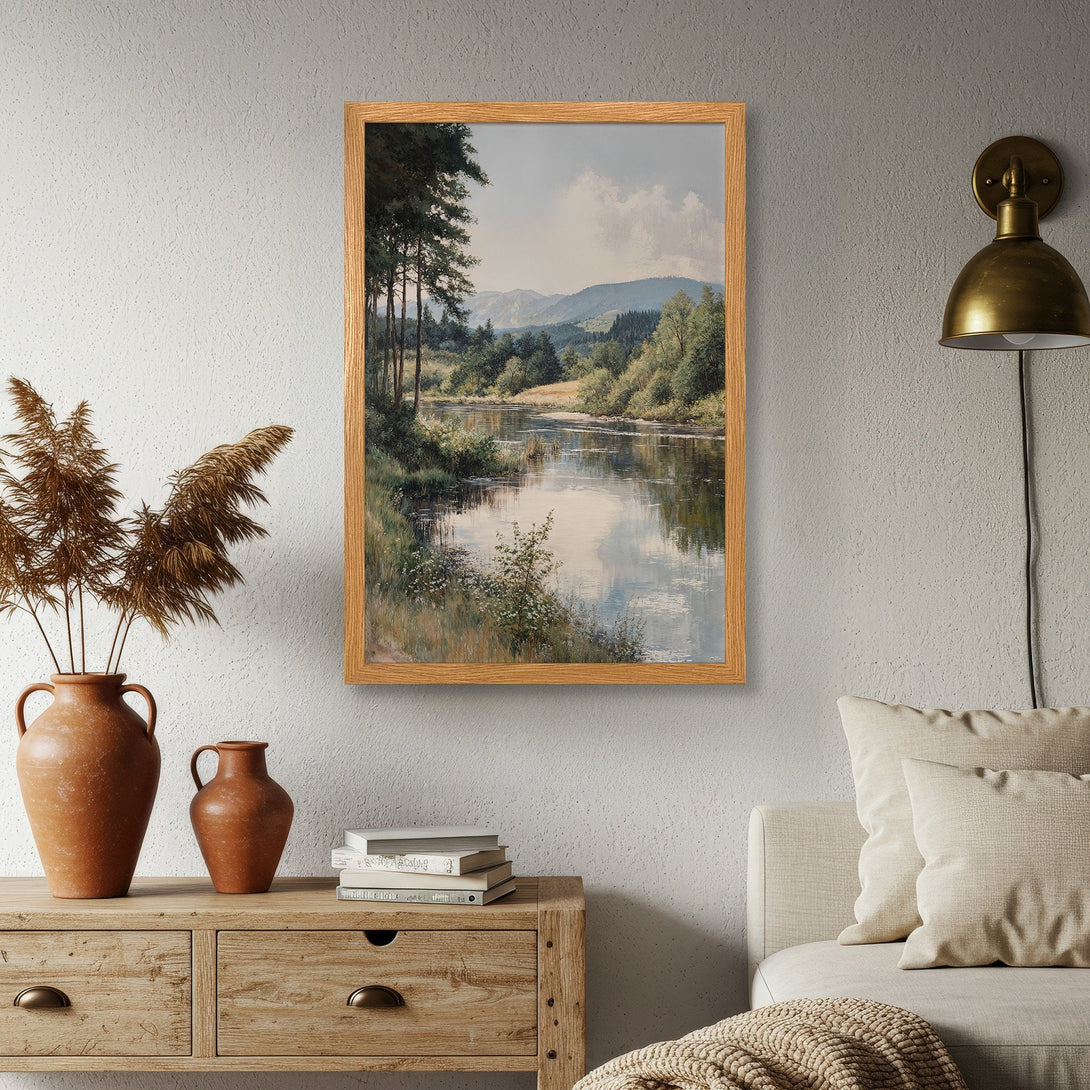 Framed Poster featuring a serene landscape painting with a natural color palette. Perfect wall art for a calming space.