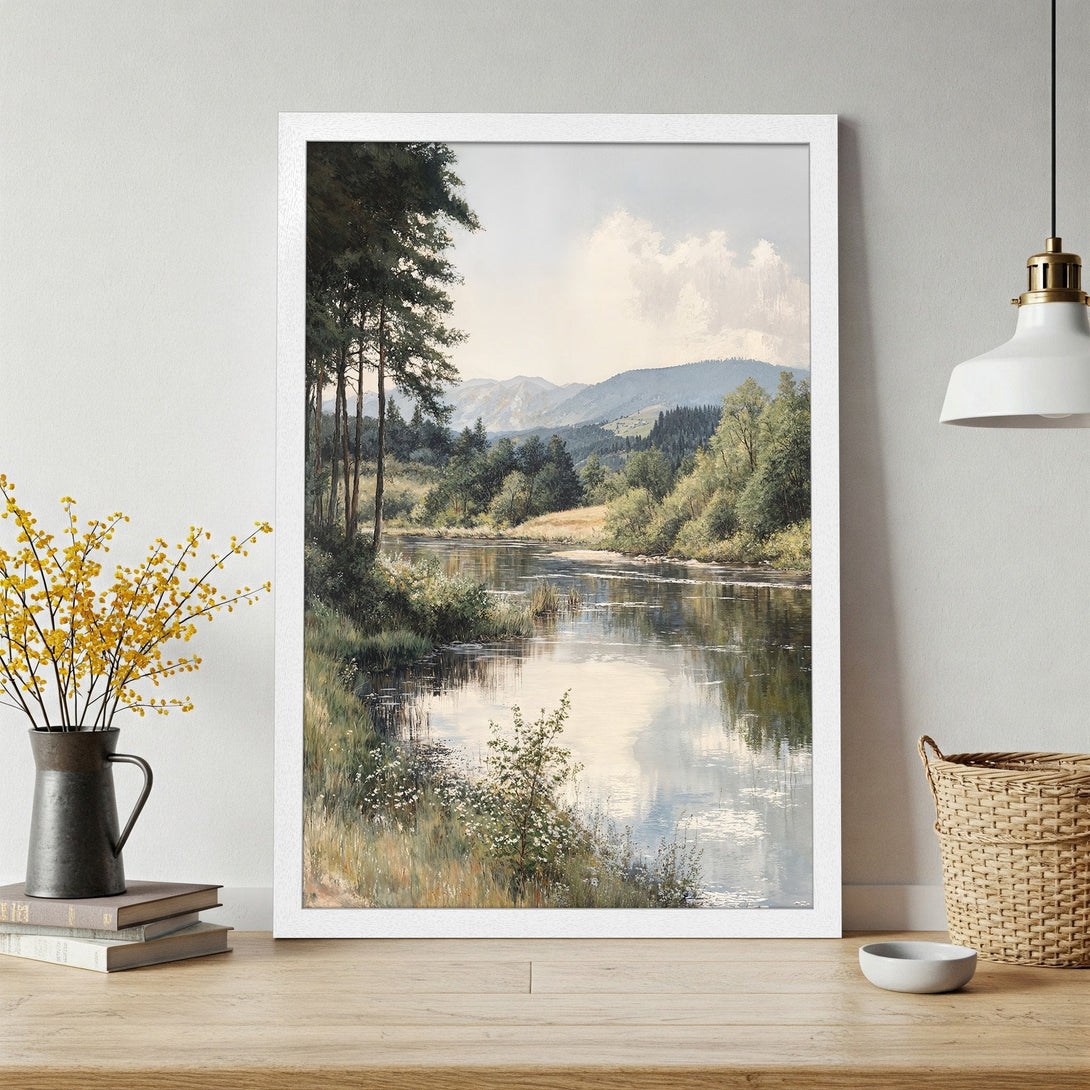 Framed Poster of a serene landscape painting in a classic style, featuring a river scene with a muted green and blue color palette.