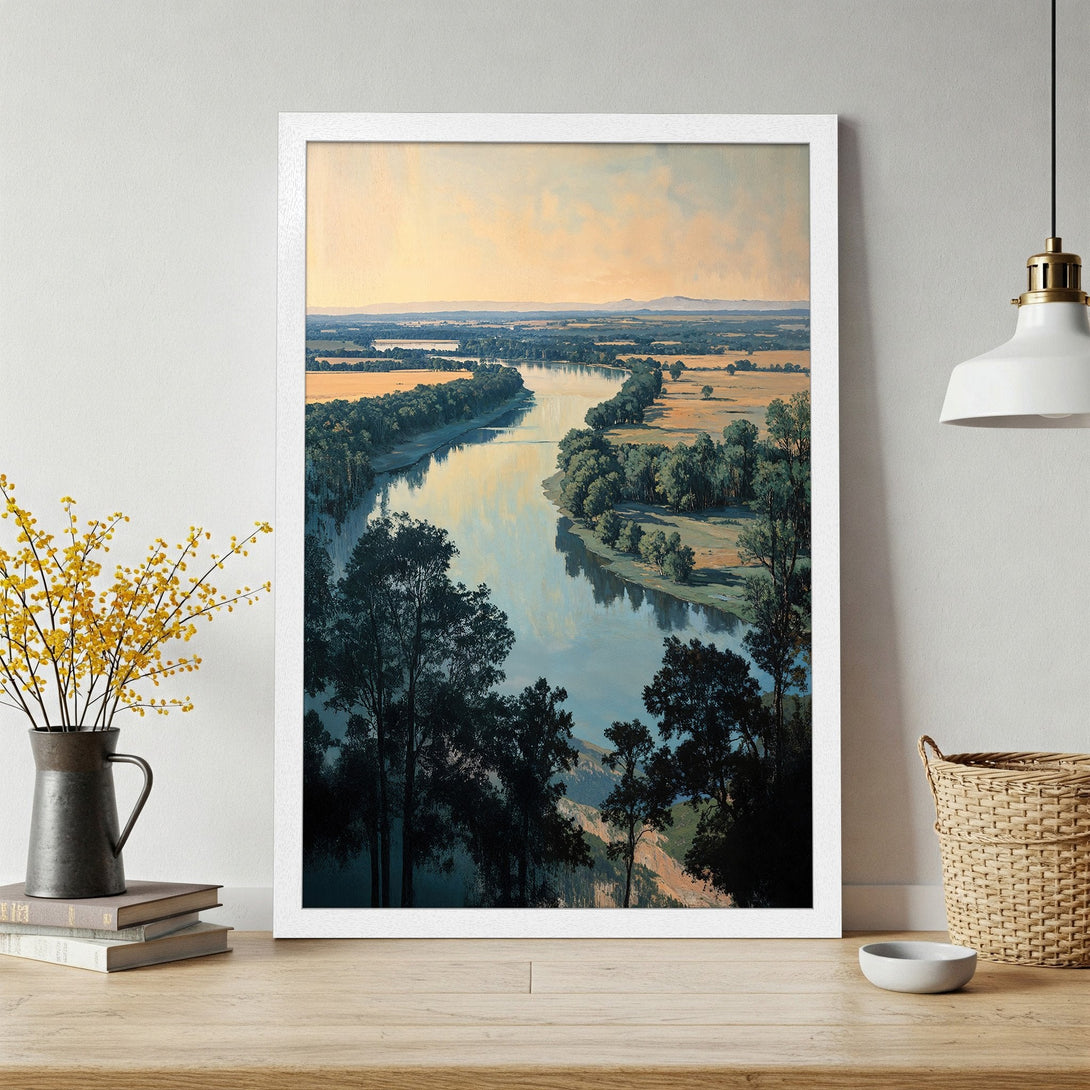 Framed Poster of a serene river landscape, featuring a vintage style and a calming blue and gold color palette. Perfect wall art!