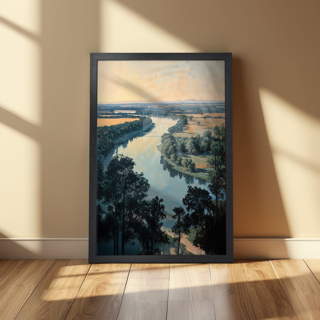 Framed Poster featuring a serene landscape painting with a river, trees, and a muted color palette. Perfect for adding a touch of nature to your home!