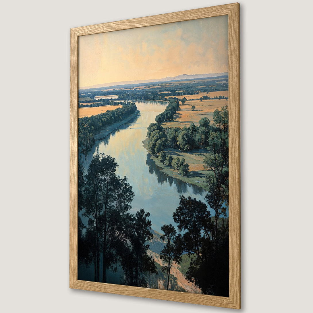 Framed Poster featuring a serene river landscape painting in a vintage style with a warm, earthy color palette. Perfect wall art!