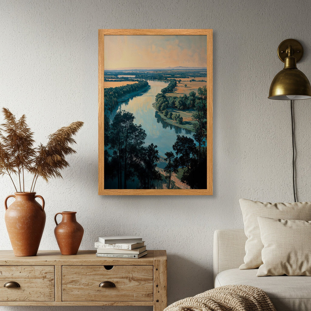 Framed Poster of a river landscape in a vintage style with a warm color palette. Perfect wall art for your home.