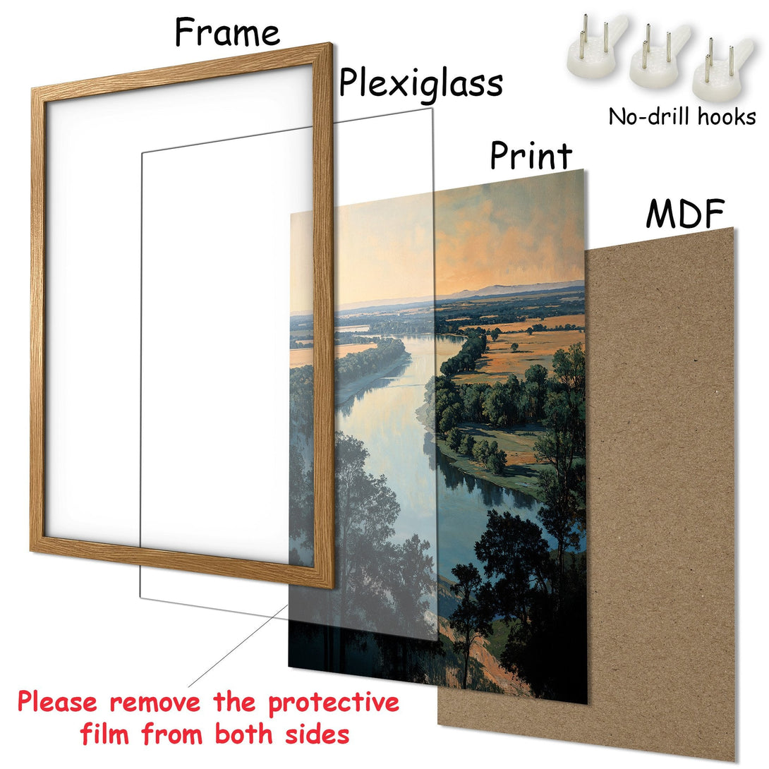 Framed Poster print of a landscape painting. Features a river scene in a warm, natural color palette. Ready to hang!