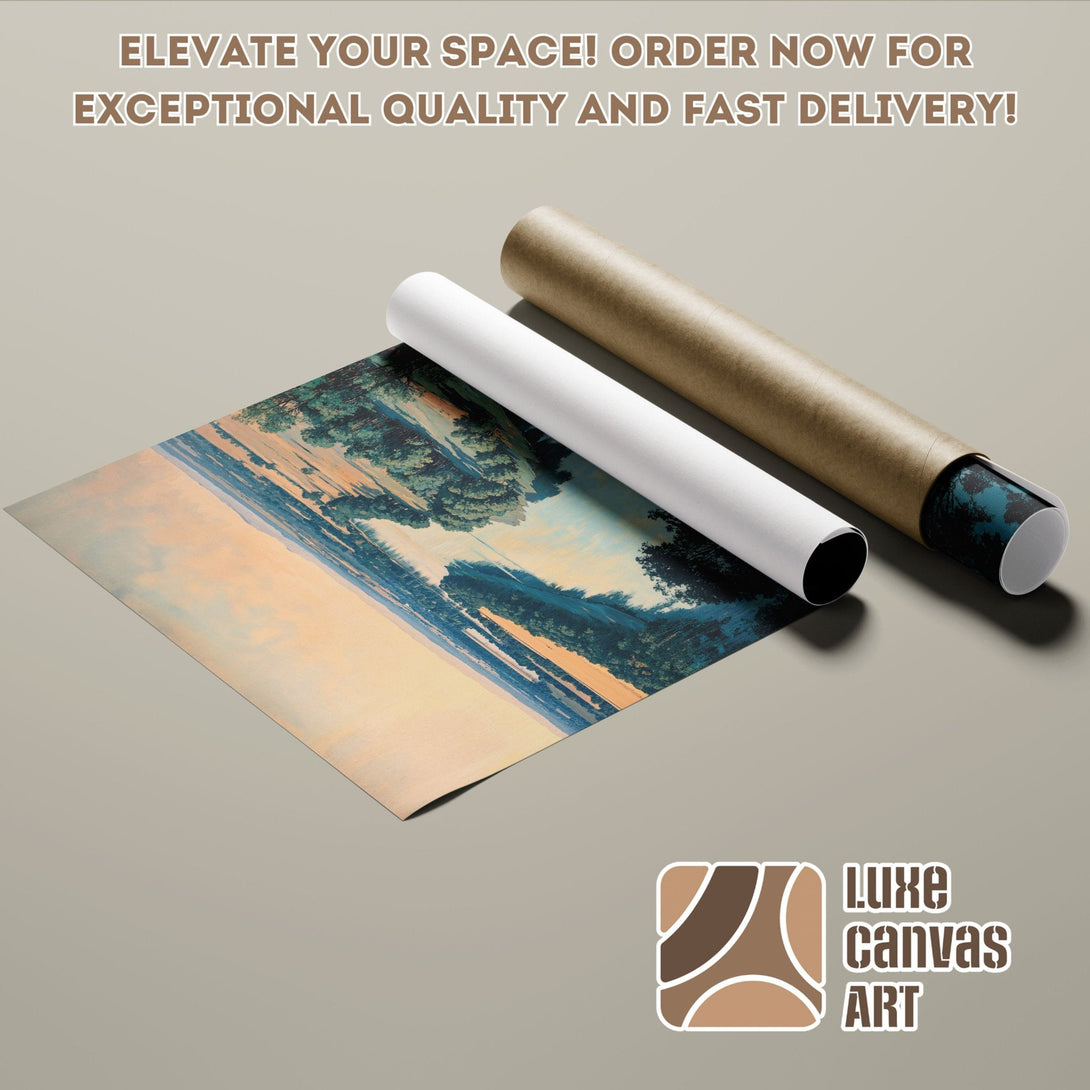 Landscape Poster Roll with blue, green, and gold hues. Elevate your space with Luxe Canvas Art!