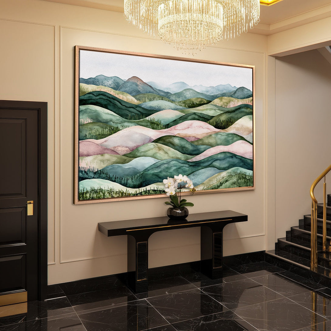 Framed Wall Art: Watercolor landscape Canvas Print, featuring green, pink, and blue rolling hills. Perfect for adding a touch of nature to your home decor.