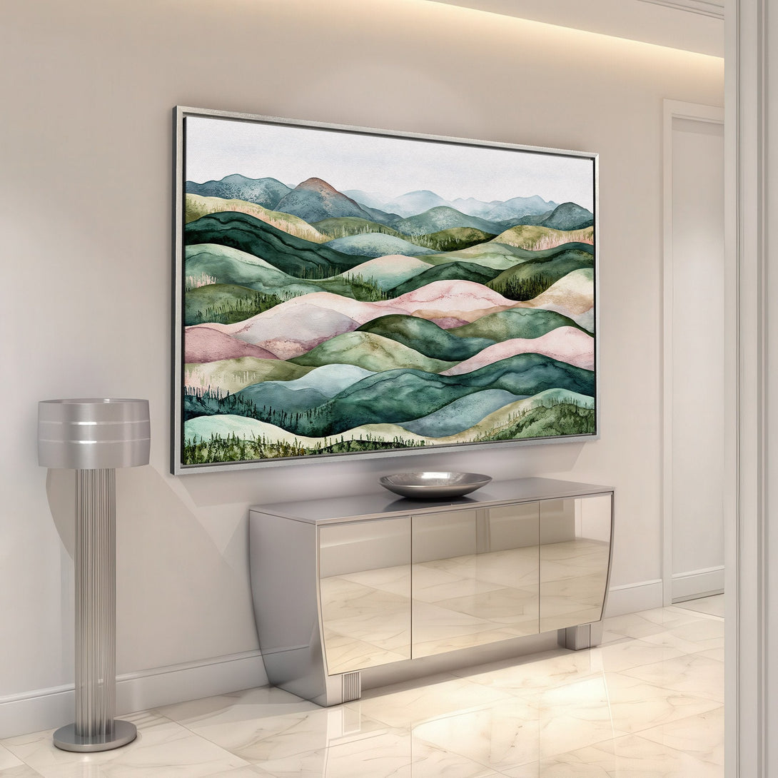 Framed Wall Art featuring watercolor landscape in green, pink, and blue hues. Perfect for adding a touch of nature-inspired art to your home decor.