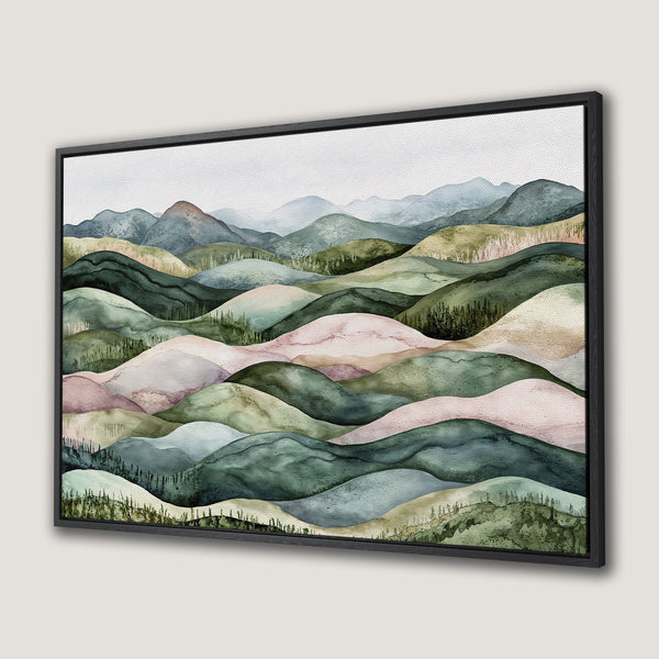Framed Wall Art: Watercolor landscape Canvas Print with rolling hills in serene green, pink, and blue hues. Perfect for adding a touch of nature to your space.