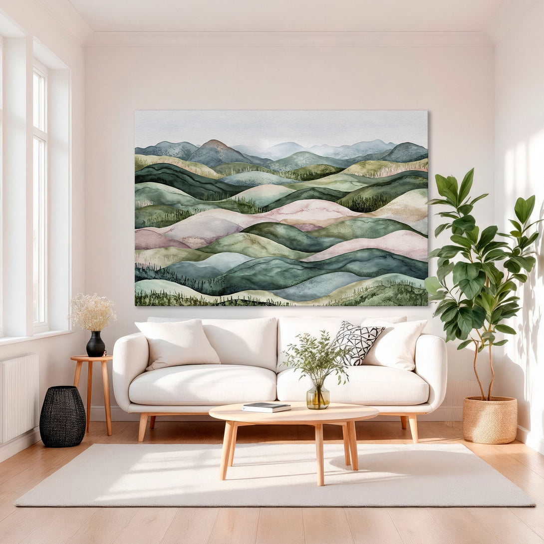 Framed Wall Art: Watercolor landscape Canvas Print in green, pink, and blue tones. Add a touch of nature-inspired art to your home decor.