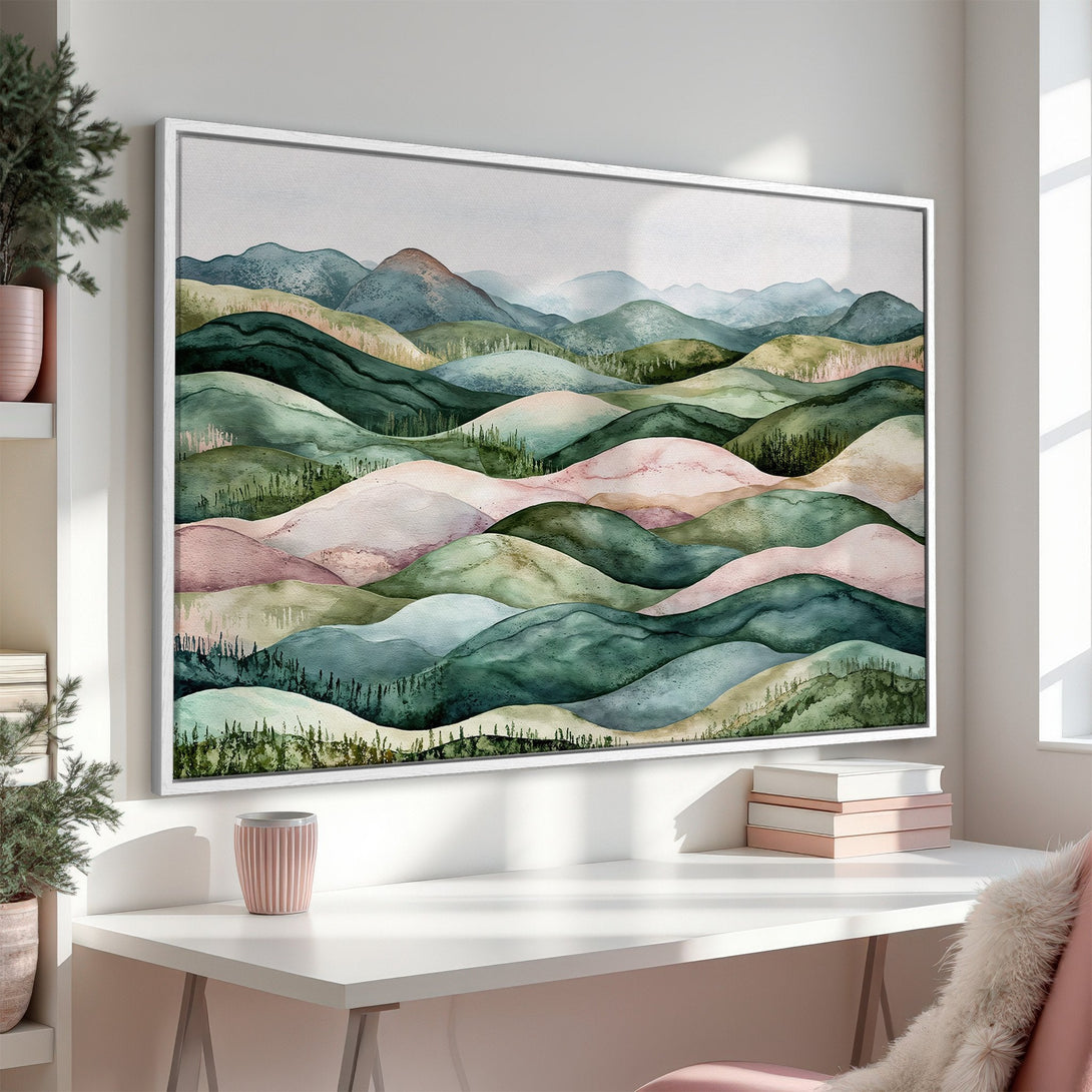 Framed Wall Art: Watercolor landscape Canvas Print in calming green, pink, and blue tones. Perfect for adding a touch of nature-inspired art to your home decor.