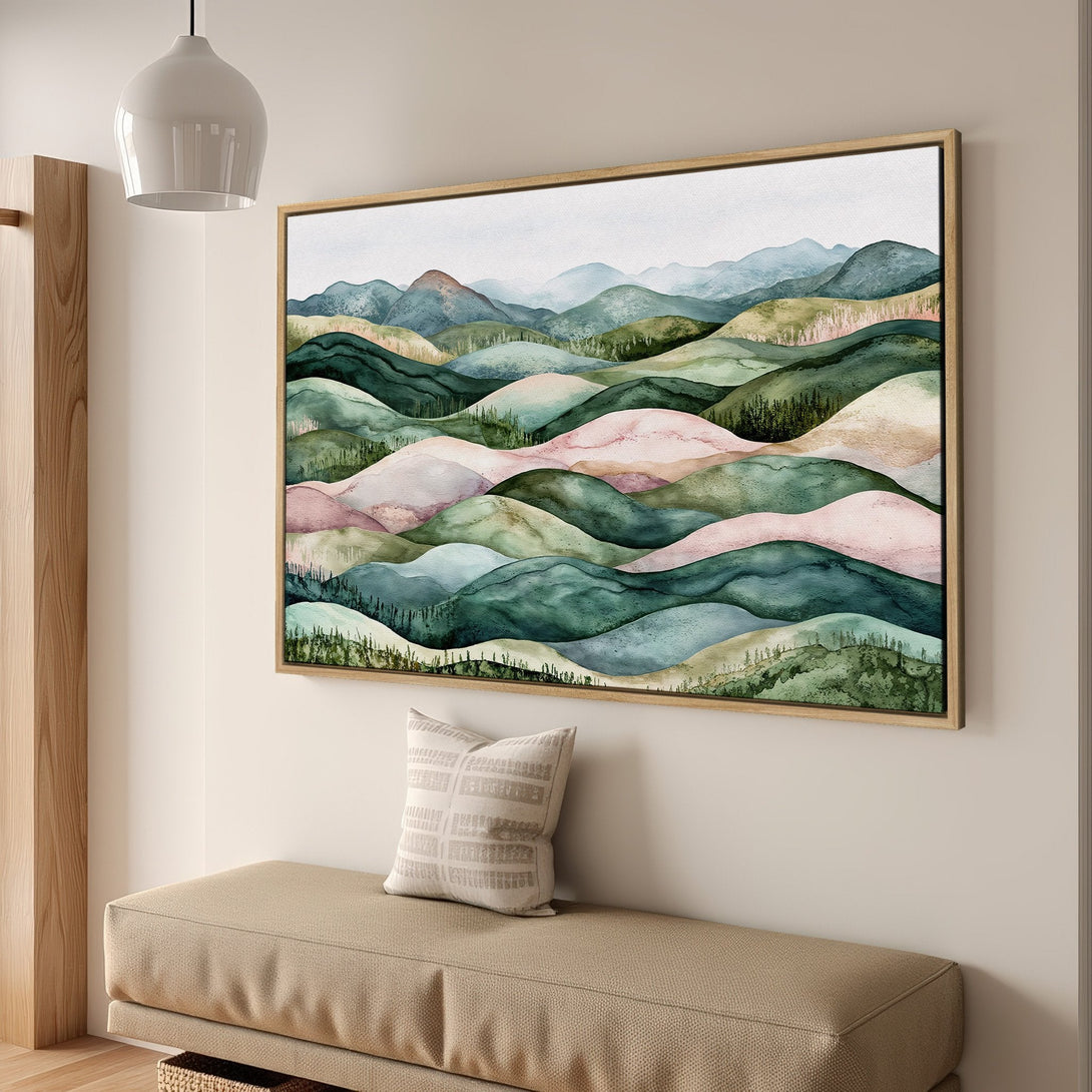 Framed Wall Art of watercolor landscape. Earthy tones of green, pink, and blue create a serene, modern art piece for your home.